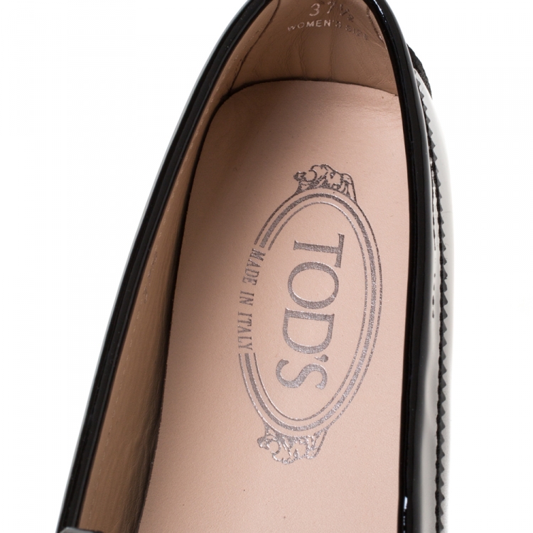 Pre Owned Tod's Black Patent Leather Gommino Fringe Double T Loafers Size 37.5
