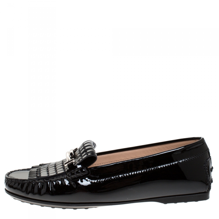 Pre Owned Tod's Black Patent Leather Gommino Fringe Double T Loafers Size 37.5