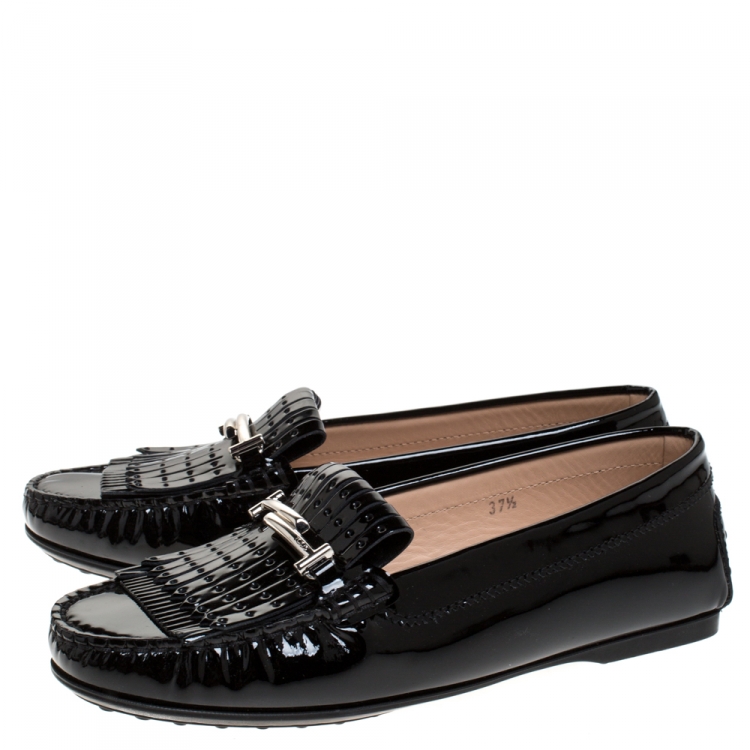 Pre Owned Tod's Black Patent Leather Gommino Fringe Double T Loafers Size 37.5