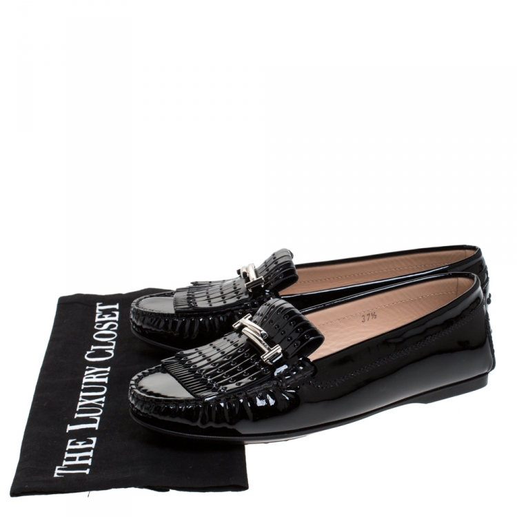 Pre Owned Tod's Black Patent Leather Gommino Fringe Double T Loafers Size 37.5