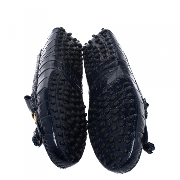 Pre Owned Tod's Blue Croc Embossed Leather Tassel Fringe Loafers Size 37
