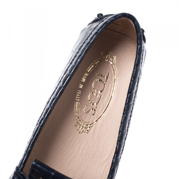 Pre Owned Tod's Blue Croc Embossed Leather Tassel Fringe Loafers Size 37
