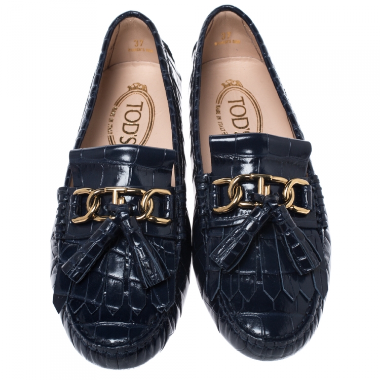Pre Owned Tod's Blue Croc Embossed Leather Tassel Fringe Loafers Size 37