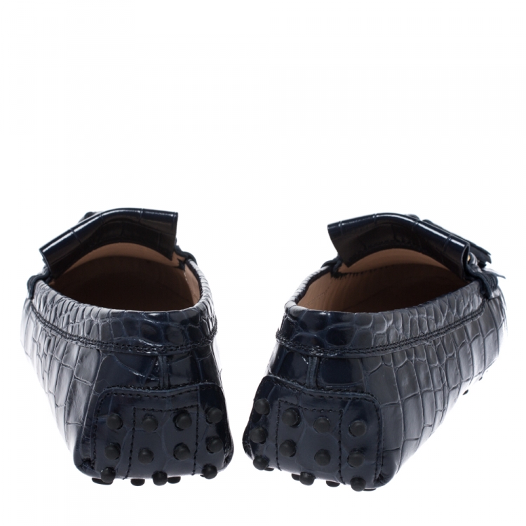 Pre Owned Tod's Blue Croc Embossed Leather Tassel Fringe Loafers Size 37