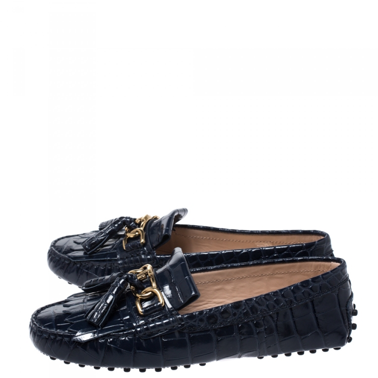 Pre Owned Tod's Blue Croc Embossed Leather Tassel Fringe Loafers Size 37