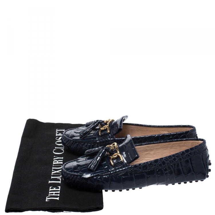 Pre Owned Tod's Blue Croc Embossed Leather Tassel Fringe Loafers Size 37