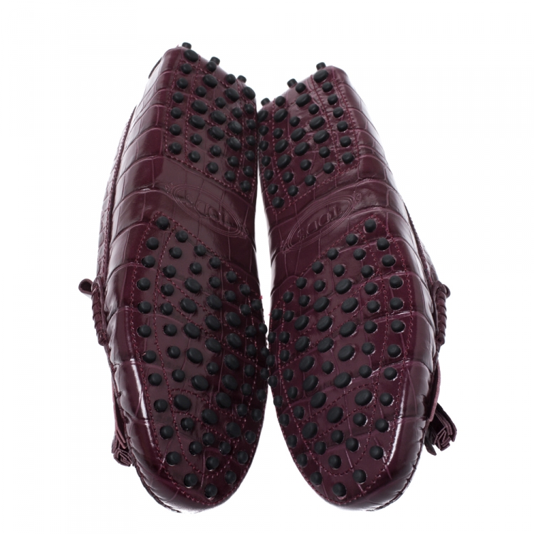Pre Owned Tod's Burgundy  Croc Embossed Leather Tassel Fringe Detail Loafers Size 37