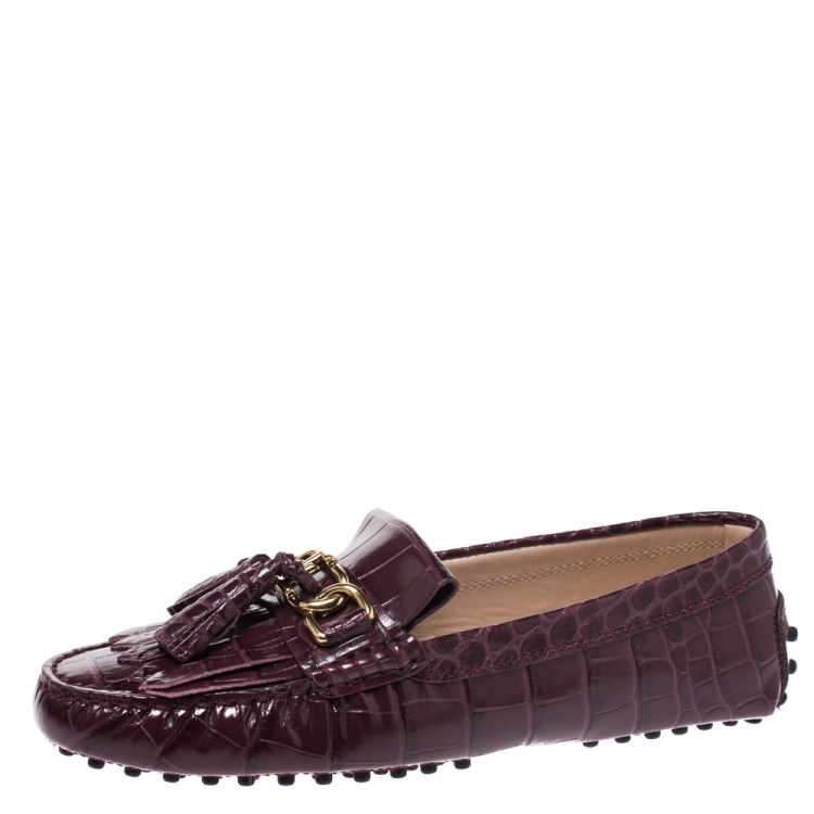 Pre Owned Tod's Burgundy  Croc Embossed Leather Tassel Fringe Detail Loafers Size 37