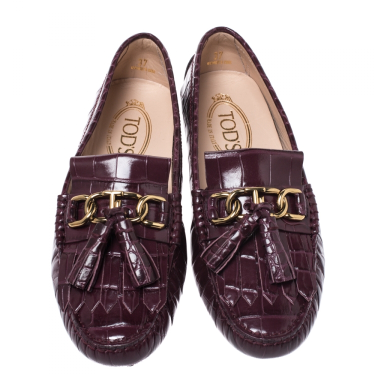 Pre Owned Tod's Burgundy  Croc Embossed Leather Tassel Fringe Detail Loafers Size 37