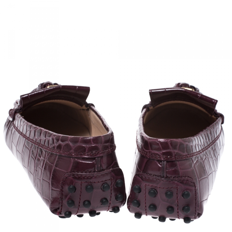 Pre Owned Tod's Burgundy  Croc Embossed Leather Tassel Fringe Detail Loafers Size 37