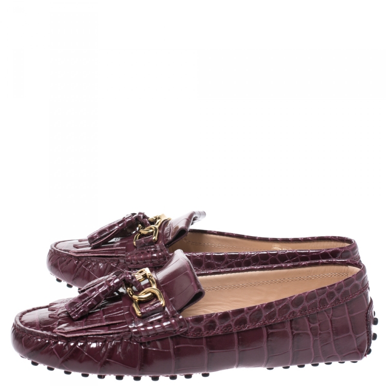 Pre Owned Tod's Burgundy  Croc Embossed Leather Tassel Fringe Detail Loafers Size 37