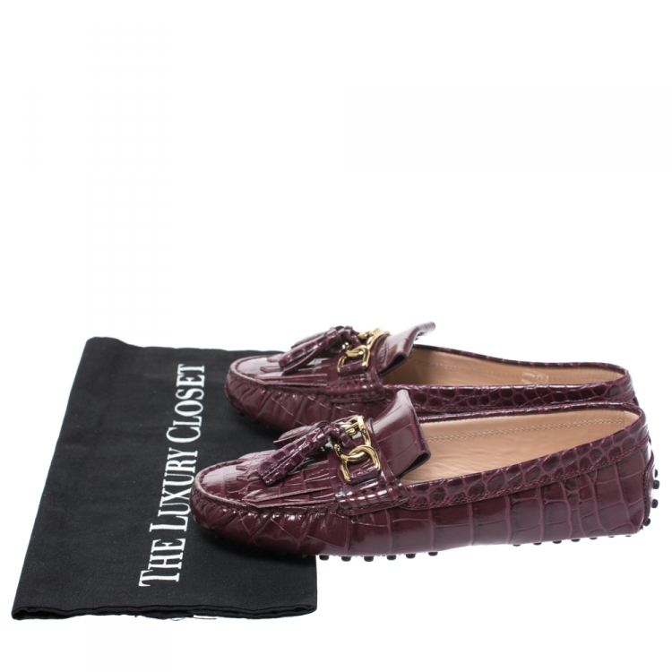 Pre Owned Tod's Burgundy  Croc Embossed Leather Tassel Fringe Detail Loafers Size 37