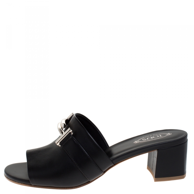 مملوكة مسبقًا Tod's Black Leather Double T Open Toe Sandals Size 37.5