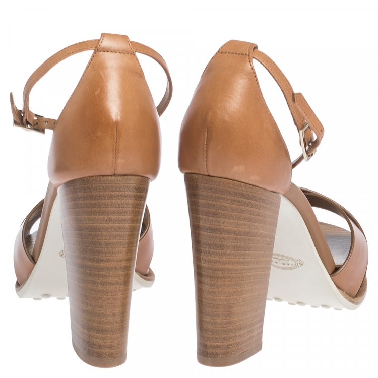 Pre Owned Tod's Brown Leather Wooden Platform And Block Heel Ankle Strap Sandals Size 38