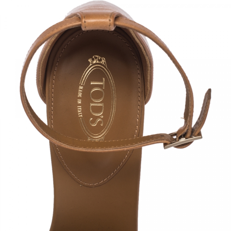 Pre Owned Tod's Brown Leather Wooden Platform And Block Heel Ankle Strap Sandals Size 38