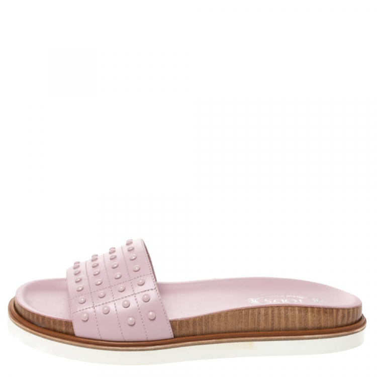 Pre Owned Tod's Pink Leather Studded Flat Slides Size 38