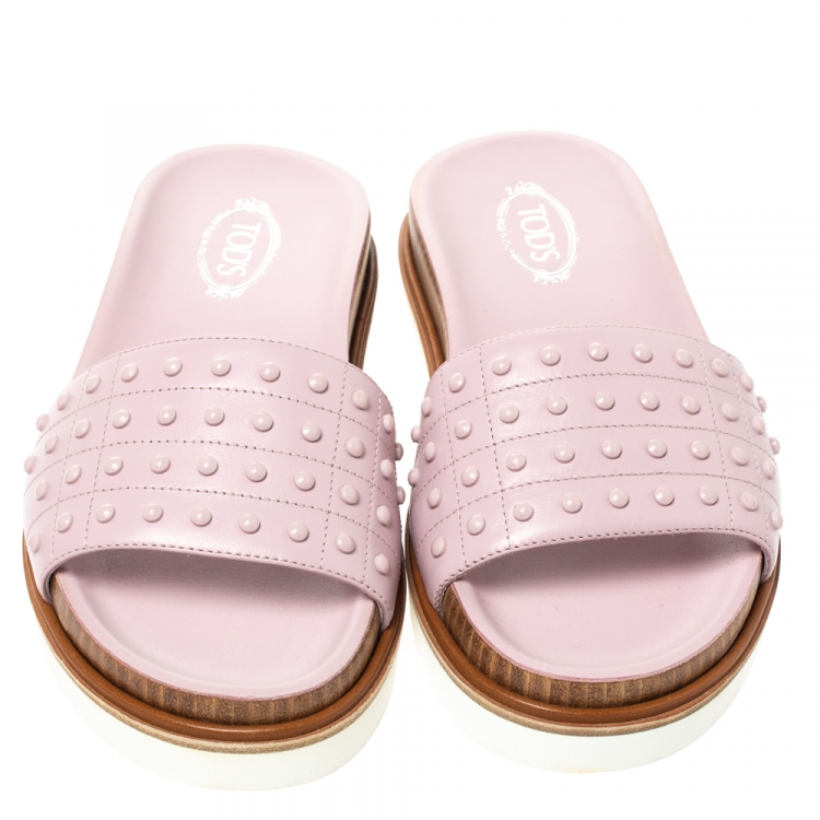 Pre Owned Tod's Pink Leather Studded Flat Slides Size 38