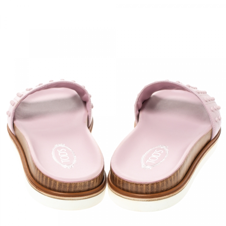 Pre Owned Tod's Pink Leather Studded Flat Slides Size 38