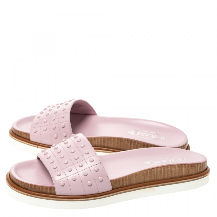 Pre Owned Tod's Pink Leather Studded Flat Slides Size 38