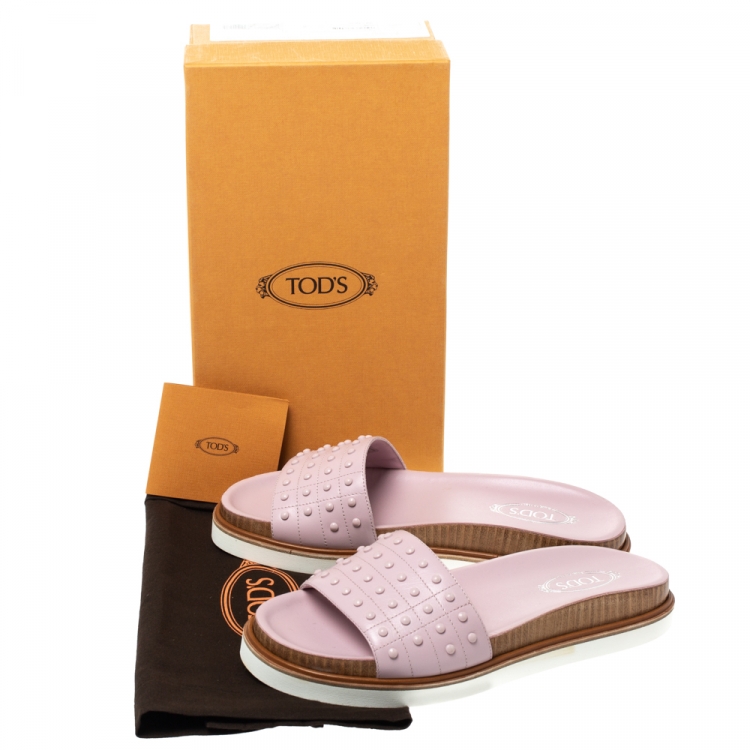 Pre Owned Tod's Pink Leather Studded Flat Slides Size 38