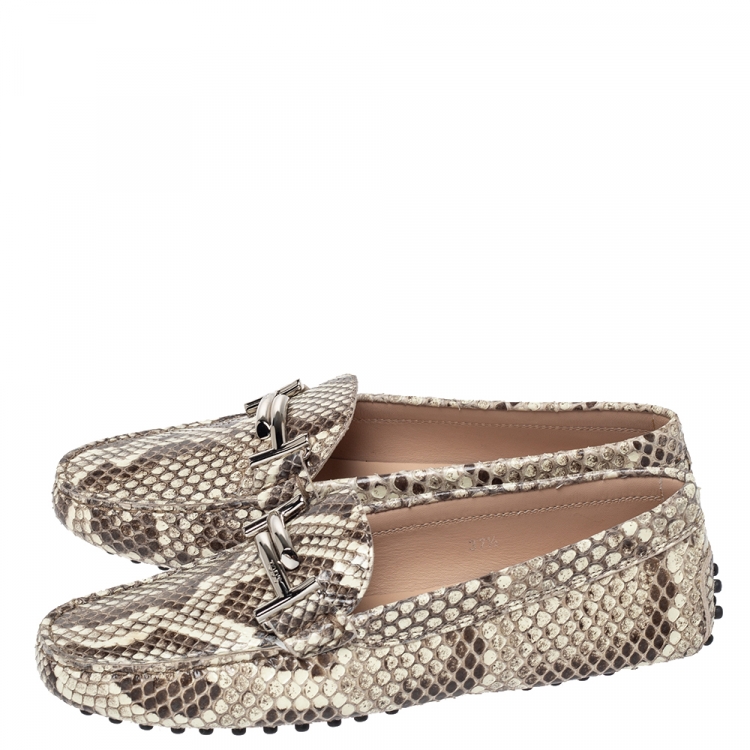 Pre Owned Tod's Two Tone Python Double T Metal Loafers Size 37.5