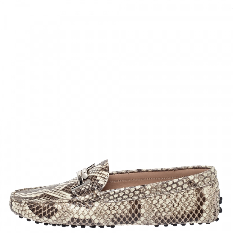 Pre Owned Tod's Two Tone Python Double T Metal Loafers Size 37.5
