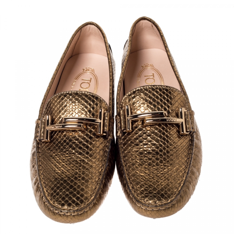 Pre Owned Tod's Bronze Python Leather Double T Loafers Size 37.5