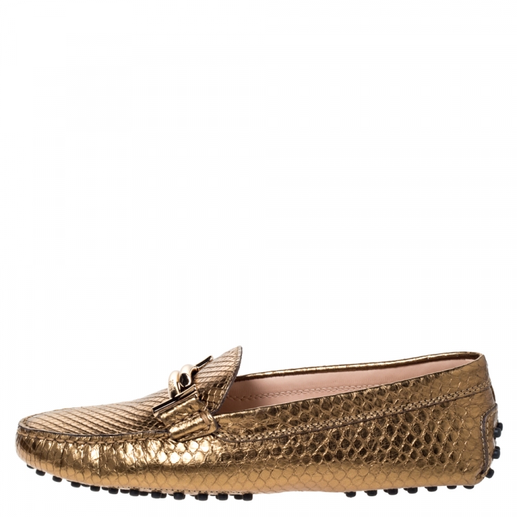 Pre Owned Tod's Bronze Python Leather Double T Loafers Size 37.5