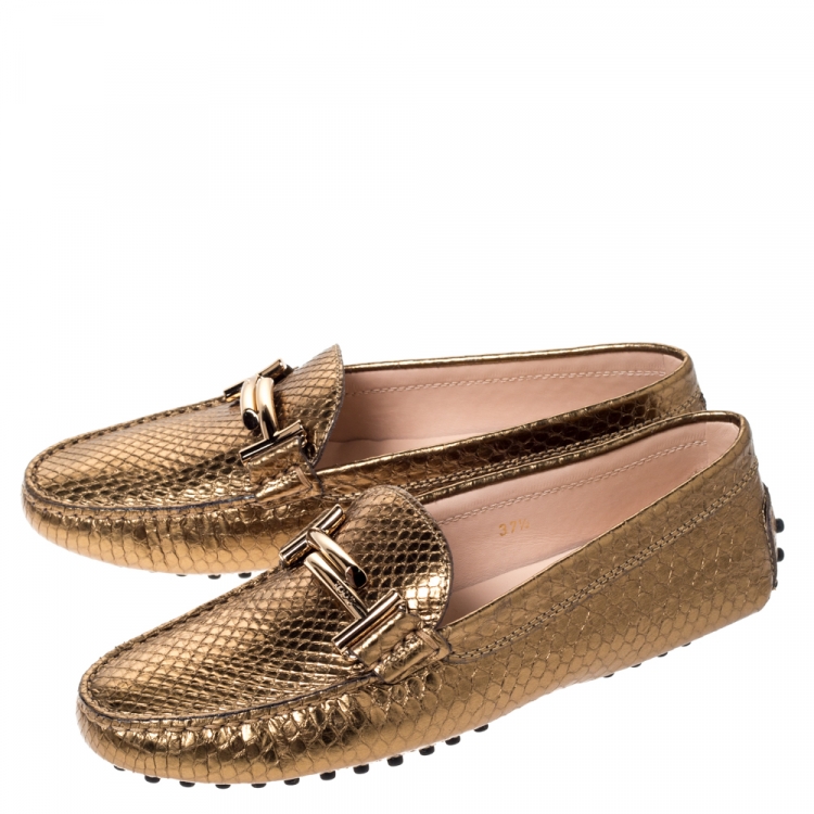 Pre Owned Tod's Bronze Python Leather Double T Loafers Size 37.5