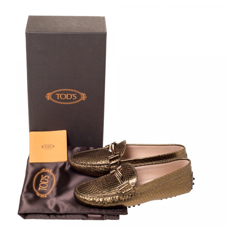 Pre Owned Tod's Bronze Python Leather Double T Loafers Size 37.5