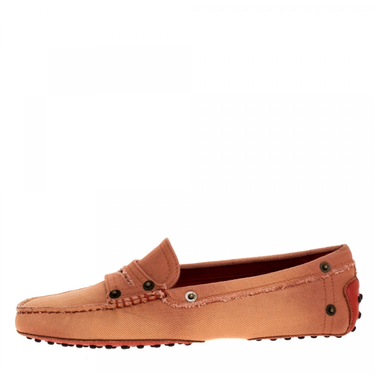Pre Owned Tod's Pink Canvas Snap Button Embellished Penny Loafer Size 38