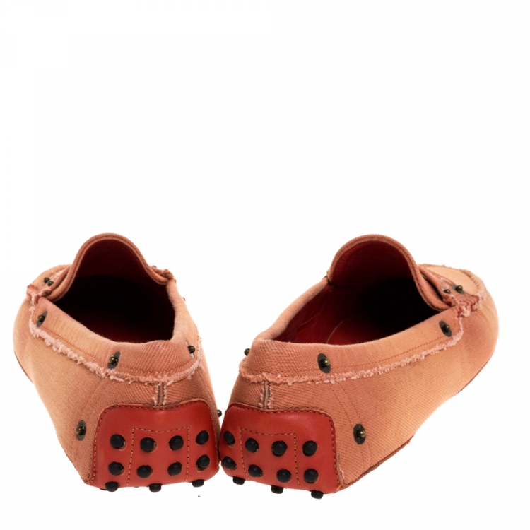 Pre Owned Tod's Pink Canvas Snap Button Embellished Penny Loafer Size 38