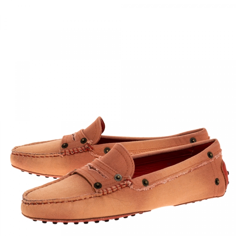 Pre Owned Tod's Pink Canvas Snap Button Embellished Penny Loafer Size 38