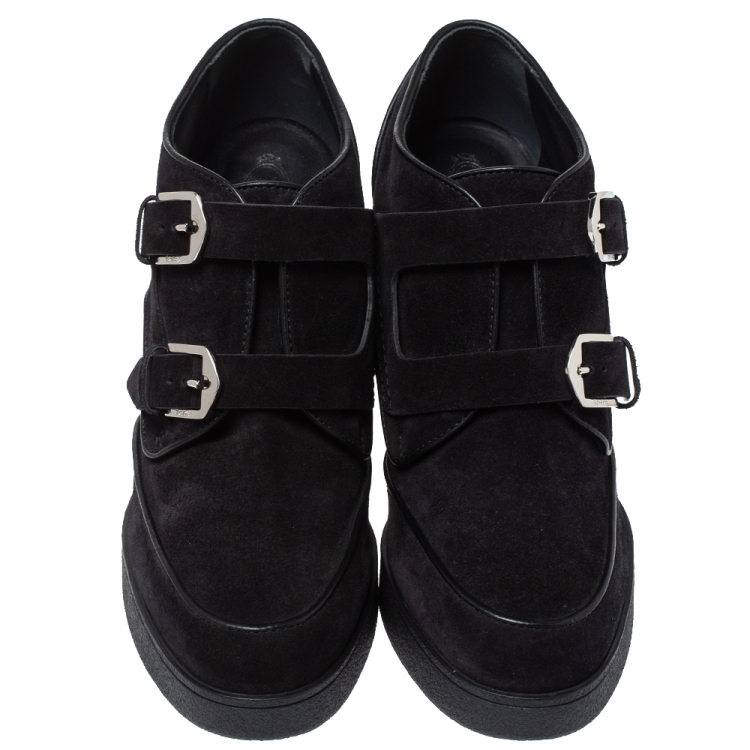 Pre Owned Tod's Black Suede Leather Platform Block Heel Ankle Booties Size 39.5