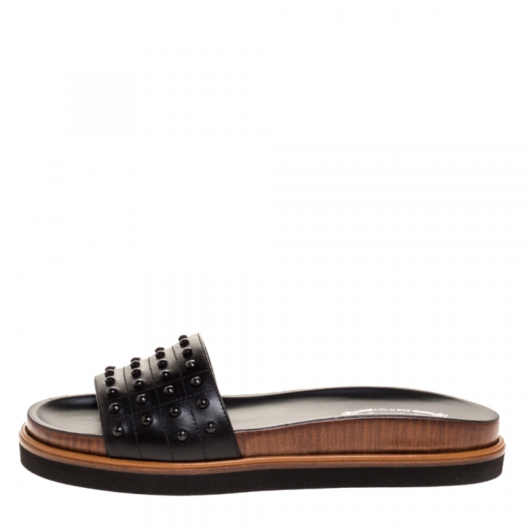 Pre Owned Tod's Black Leather Studded Flat Slides Size 37
