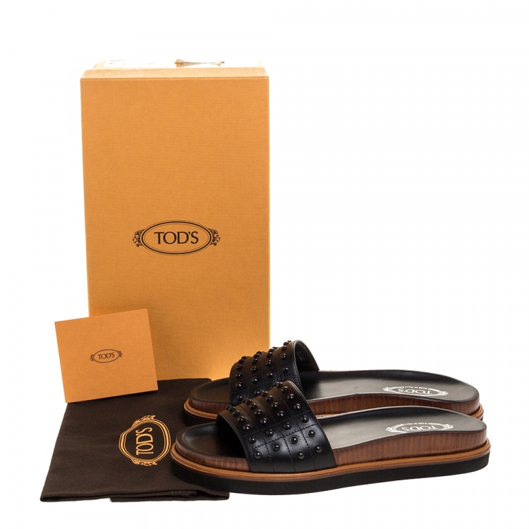 Pre Owned Tod's Black Leather Studded Flat Slides Size 37