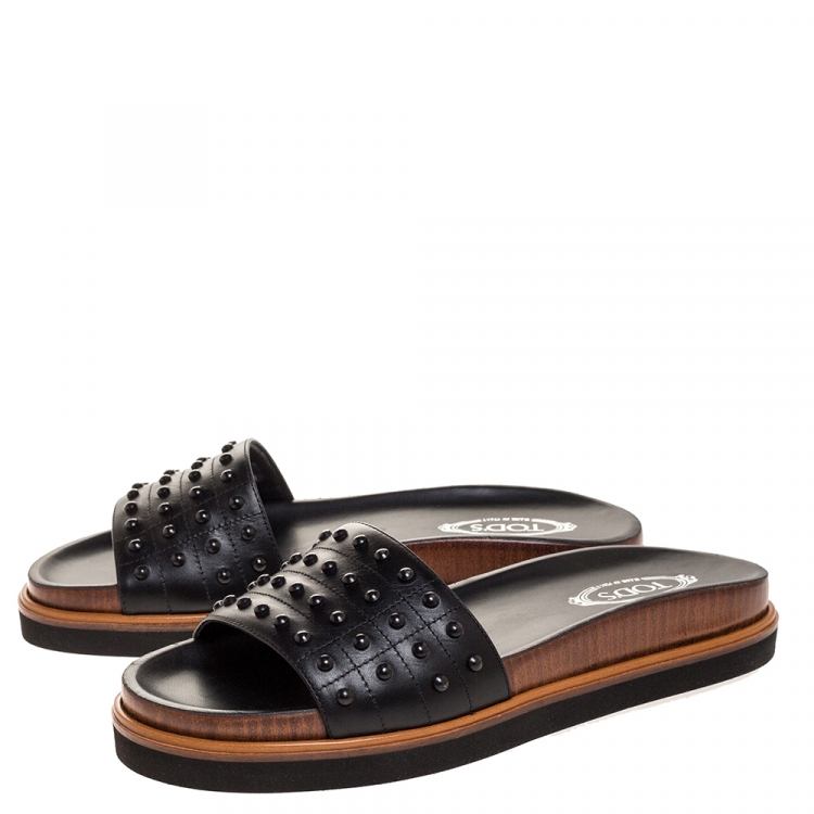 Pre Owned Tod's Black Leather Studded Flat Slides Size 37