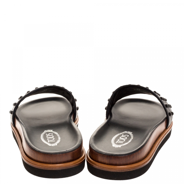Pre Owned Tod's Black Leather Studded Flat Slides Size 37