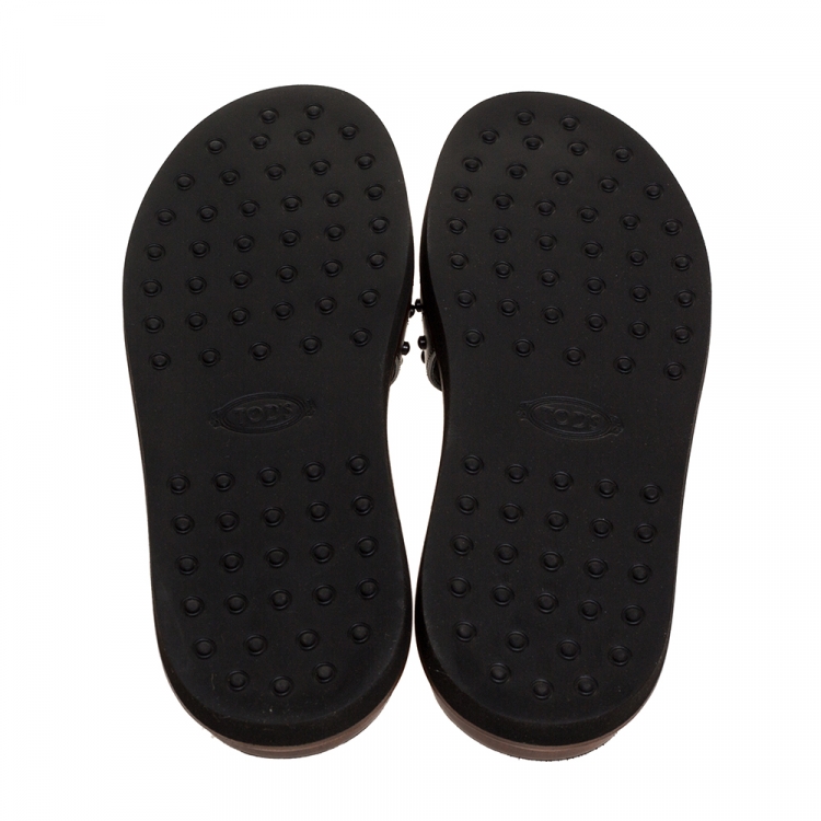 Pre Owned Tod's Black Leather Studded Flat Slides Size 37