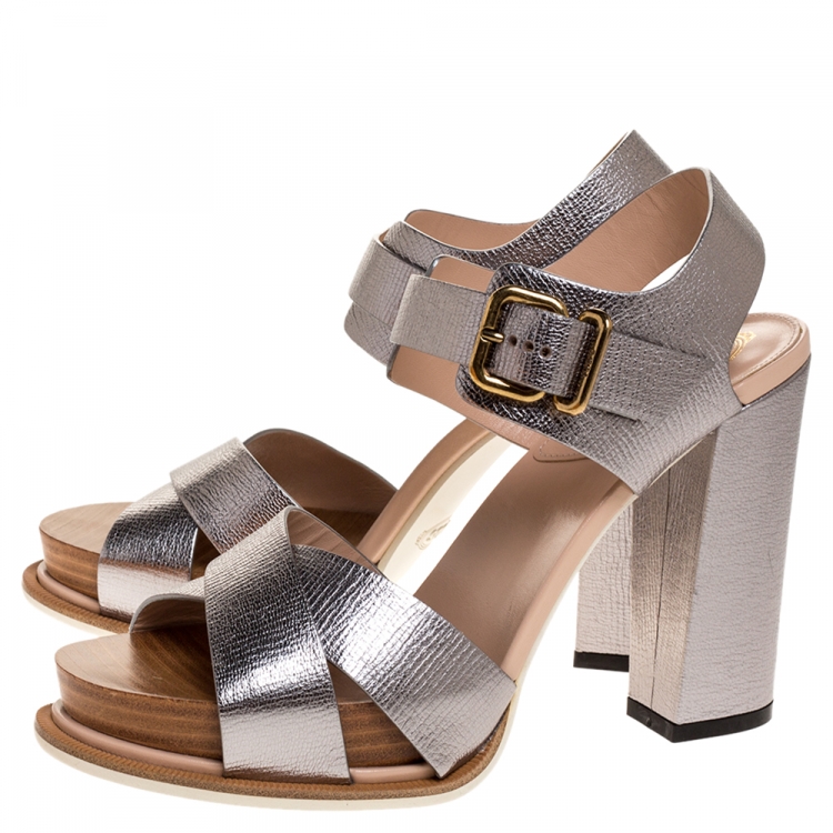 Pre Owned Tod's Silver Leather Platform Ankle Strap Sandals Size 37.5