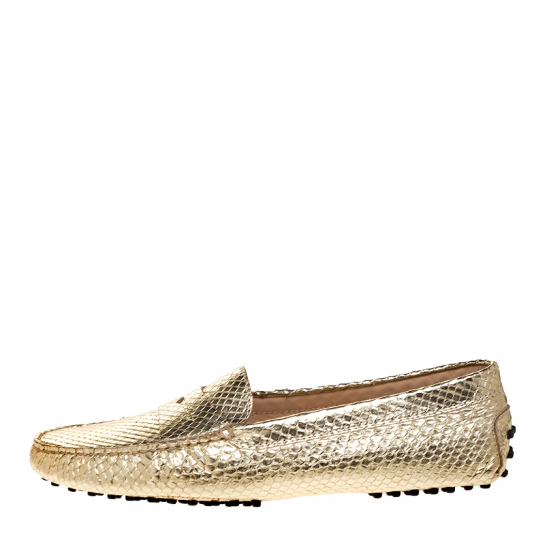 Pre Owned Tod's Gold Python Embossed Leather Penny Slip On Loafers Size 36.5