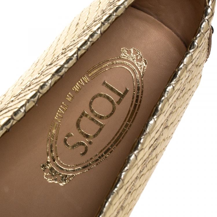Pre Owned Tod's Gold Python Embossed Leather Penny Slip On Loafers Size 36.5