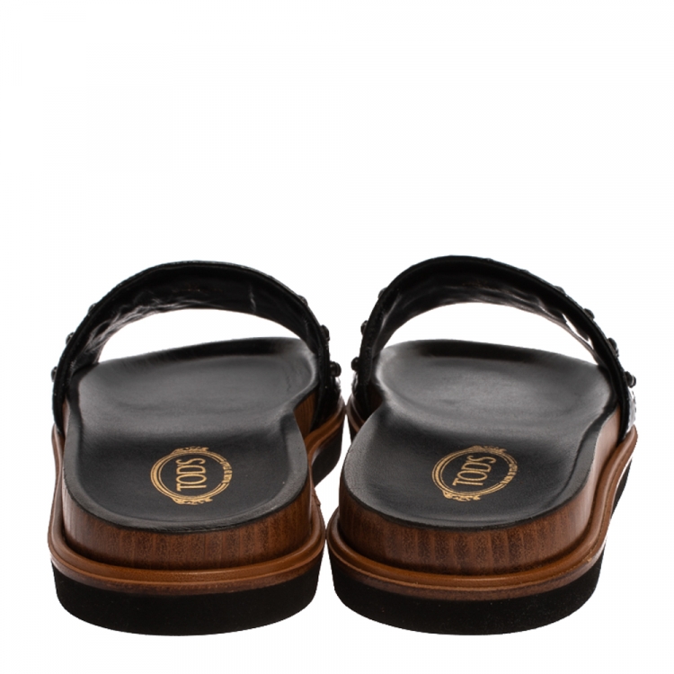 Pre Owned Tod's Black Croc Embossed Leather Studded Flat Slides Size 37