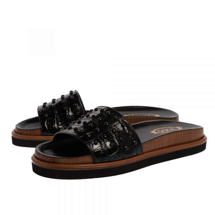 Pre Owned Tod's Black Croc Embossed Leather Studded Flat Slides Size 37
