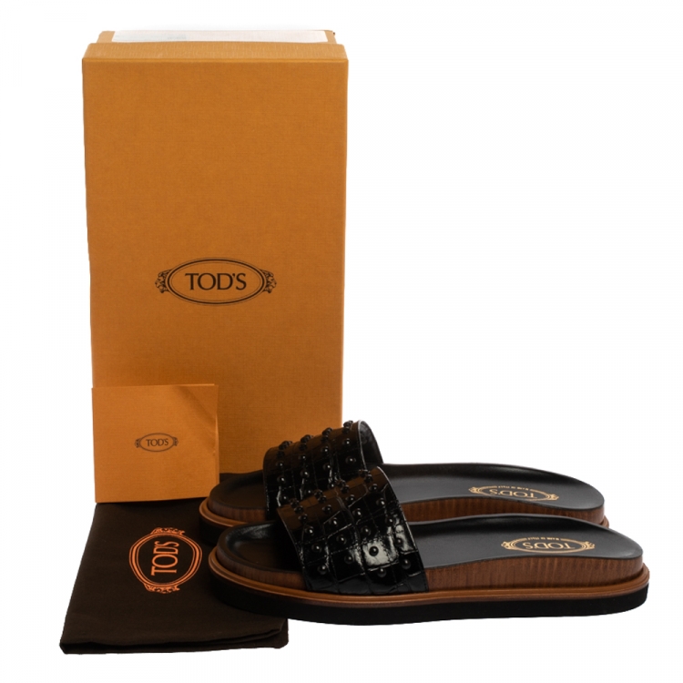 Pre Owned Tod's Black Croc Embossed Leather Studded Flat Slides Size 37