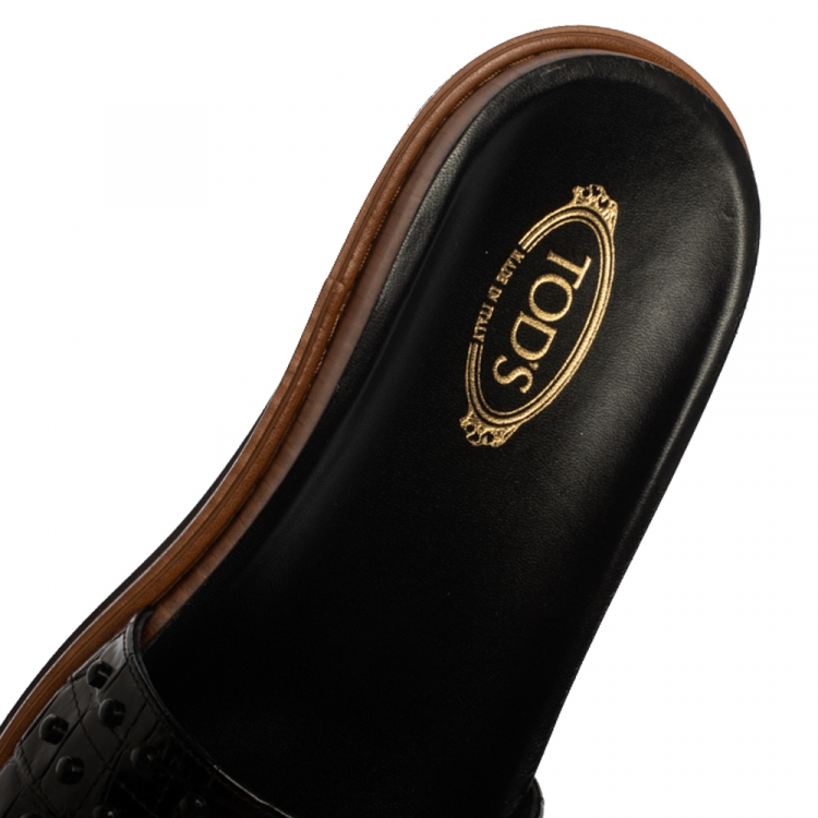 Pre Owned Tod's Black Croc Embossed Leather Studded Flat Slides Size 37