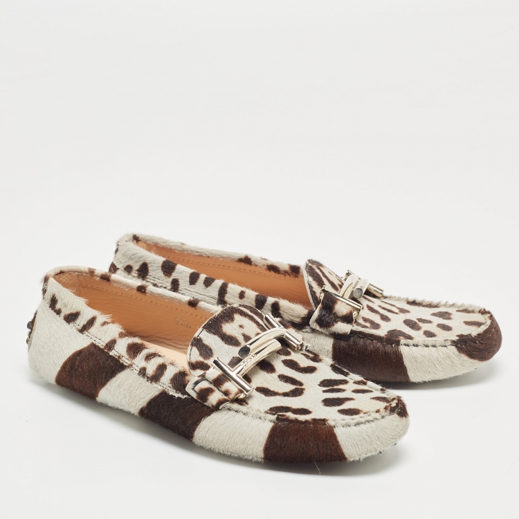 Pre Owned Tod's Grey/Brown Animal Print Calf Hair Double T Buckle Loafers Size 36.5