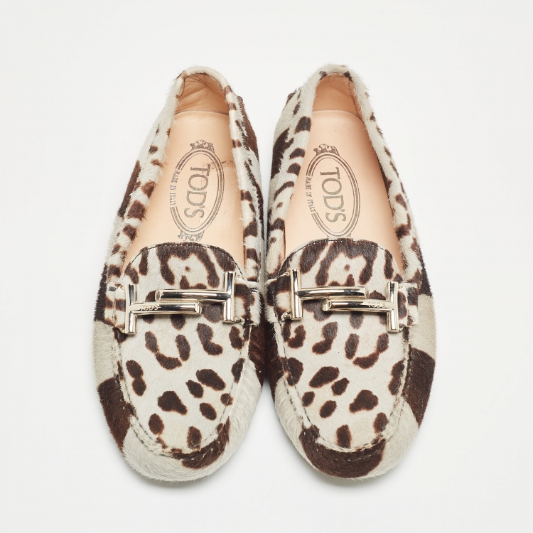 Pre Owned Tod's Grey/Brown Animal Print Calf Hair Double T Buckle Loafers Size 36.5