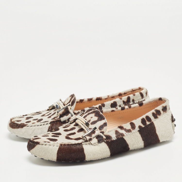 Pre Owned Tod's Grey/Brown Animal Print Calf Hair Double T Buckle Loafers Size 36.5