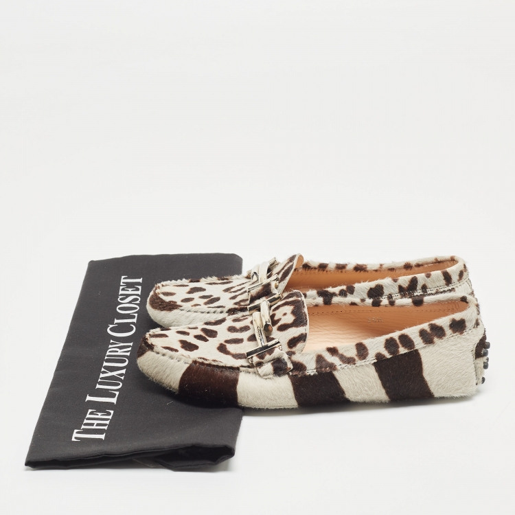 Pre Owned Tod's Grey/Brown Animal Print Calf Hair Double T Buckle Loafers Size 36.5